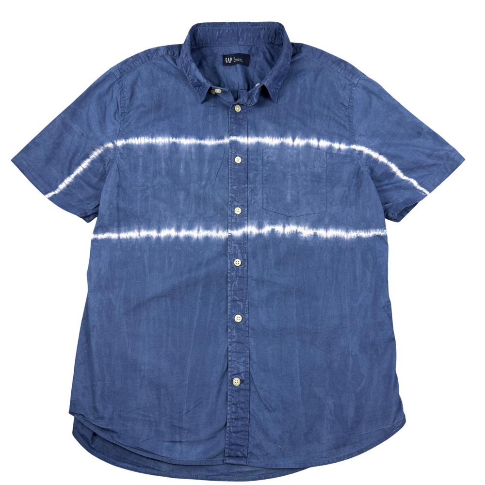 Gap Tie Dye Button Down Mens M Navy Blue Short Sleeve Poplin Shirt